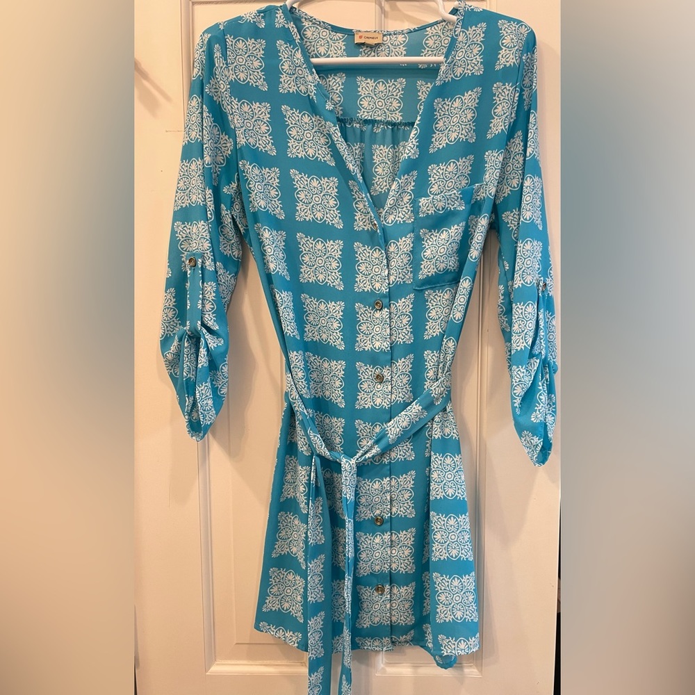 Cremieux Medium Blue Print Front Button 3/4 Sleeve Dress